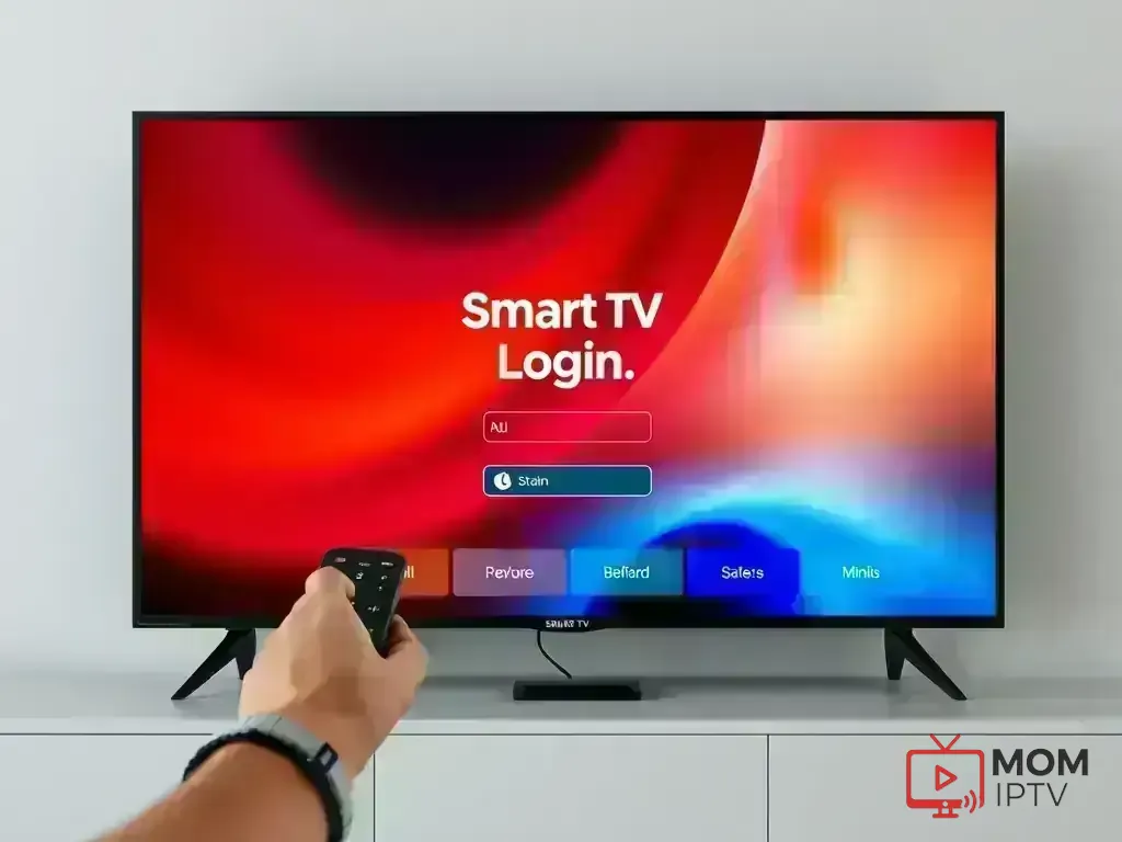 Smart TV login screen with remote control